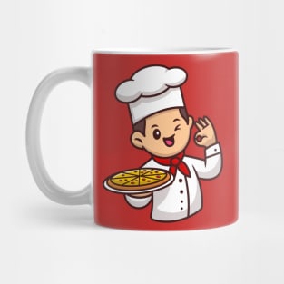 Cute Chef With Pizza Cartoon Vector Icon Illustration Mug